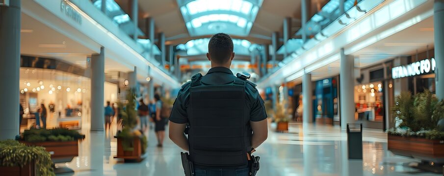 Guardian of a busy mall: a security guard on duty. Concept Security, Guard, Mall, Duties, Safety