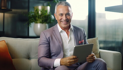 Portrait of mature businessman using digital tablet while sitting on sofa in office