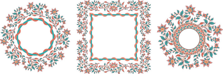 Set of 3 decorative round and square frames. Floral ornament. Indian style. Kalamkari. Design of invitations, tags, postcards, logos. 