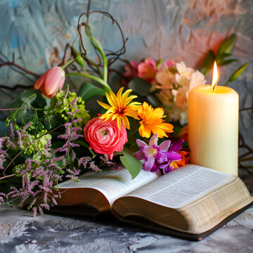 Background on Easter. Easter is a Christian holiday, idea for greeting cards. Bright spring flowers, the Holy Bible, and a Paschal candle,Easter Celebration: Christian Holiday Inspiration for Greeting