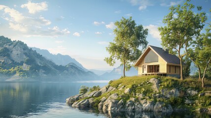 Wooden Cottage by the Lake: A small wooden cabin perched on a hill with a view of the lake....