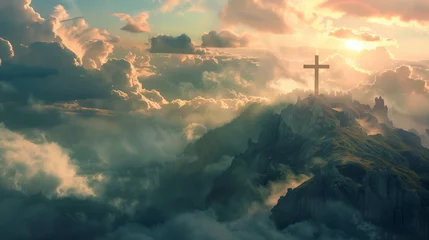Foto op Plexiglas Above a mountain, there is a crucifix with sunlight peeking through the clouds. Motivational Christian Illustration,Radiant Resurrection: Atop the Mountain of Faith  © Rafia
