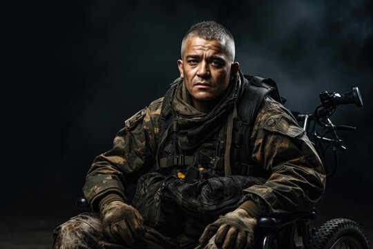 Solemn disabled war veteran, seated in a wheelchair, deep in reflection, symbolizing resilience and sacrifice, a powerful image of strength and contemplation.