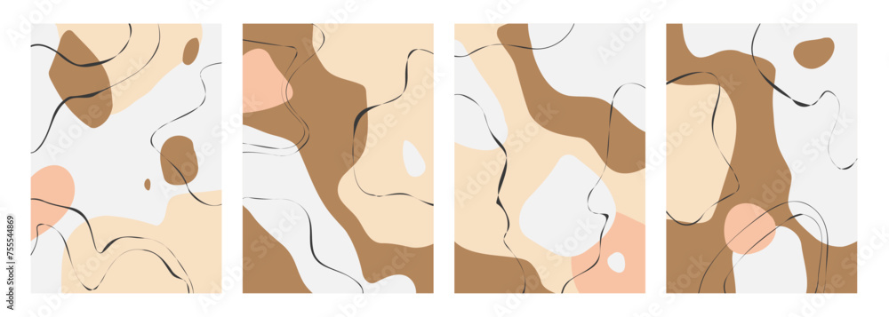 Fototapete set of abstract backgrounds with various hand drawn dynamic shapes and black wavy lines for creative