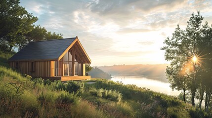 Wooden Cottage by the Lake: A small wooden cabin perched on a hill with a view of the lake. Sunlight streaming through the windows combines with the calm lake view, creating a peaceful living space. - Powered by Adobe