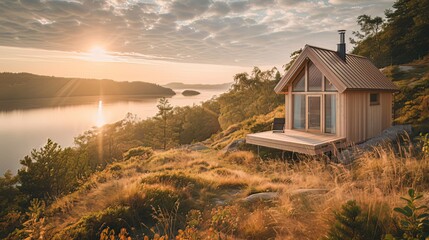 Wooden Cottage by the Lake: A small wooden cabin perched on a hill with a view of the lake. Sunlight streaming through the windows combines with the calm lake view, creating a peaceful living space.