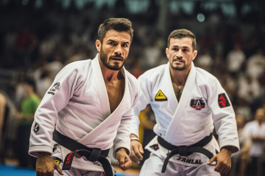 Intense brazilian jiu-jitsu championship fight between two skilled fighters