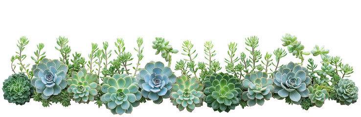 Succulents with rich and dense foliage isolated on a transparent background. Succulents isolated on a transparent background. Border with a repeating design of succulents on the transparent background