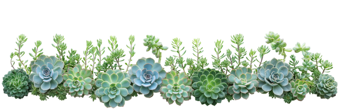 Succulents with rich and dense foliage isolated on a transparent background. Succulents isolated on a transparent background. Border with a repeating design of succulents on the transparent background