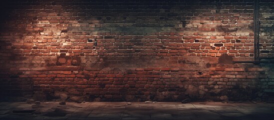 A dark room featuring a prominent brick wall and a window, creating a stark contrast. The room is...
