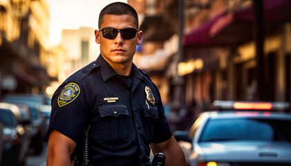 Portrait of a young male police officer standing in the street.