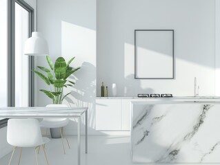 single vertical frame mockup with light reflection, mockup poster on the white marble kitchen island wall with table and chair. Interior mockup. Apartment background. Modern Scandinavian Bohemian  int