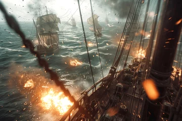 Fotobehang View from crows nest of pirate ship during sea battle. Breathtaking picture with ships maneuvering and cannons roaring among crashing waves © lenblr