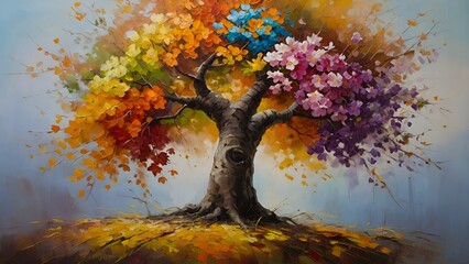 Oil Painting of a colorful tree , Generative AI