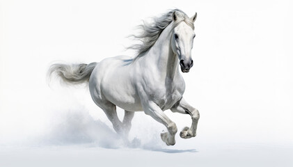 Obraz na płótnie Canvas White horse galloping in the snow, isolated on a white background