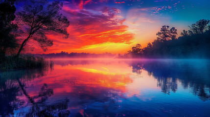 Fototapeta na wymiar lake reflecting the colors of the sunrise sky, with mist