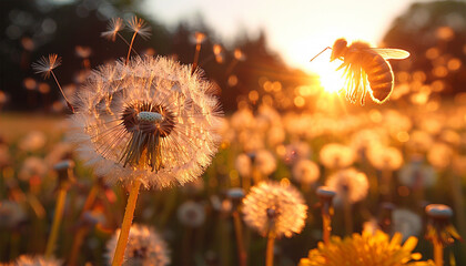 Spring meadow wildflower field with dandelion at orange sunset. Fluffy dandelion against sunset front sun close up, blurred background. Ikebana of dried Dandelion flowers colorful orange and yellow  - Powered by Adobe