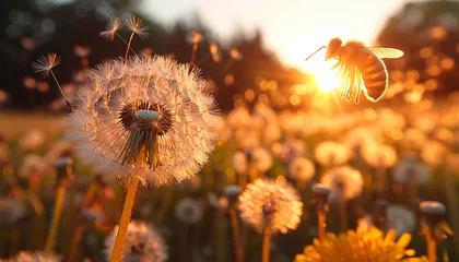  Spring meadow wildflower field with dandelion at orange sunset. Fluffy dandelion against sunset front sun close up, blurred background. Ikebana of dried Dandelion flowers colorful orange and yellow  © annebel146