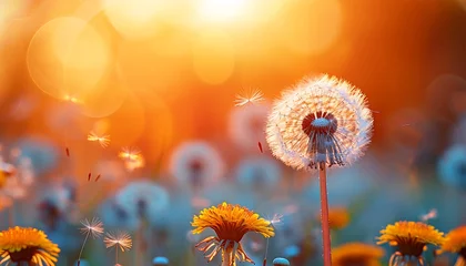 Foto op Plexiglas Spring meadow wildflower field with dandelion at orange sunset. Fluffy dandelion against sunset front sun close up, blurred background. Ikebana of dried Dandelion flowers colorful orange and yellow  © annebel146