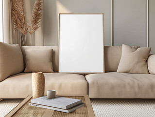 Blank poster frame mockup on a beige sofa in a living room with a coffee table. mockup poster in a modern apartment, interior mockup. Apartment background. Modern Scandinavian  interior design