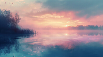 sunrise over a mist-covered lake