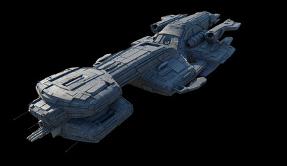 Large Battle Cruiser Spaceship Isolated on Black Background - Front View, 3d digitally rendered science fiction illustration