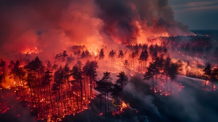 Orange flames lick the darkening sky as a wildfire burns in the woods