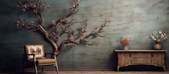 A room with a chair and a tree standing beside each other. The chair is positioned near the wall, while the tree adds a touch of nature to the indoor space.