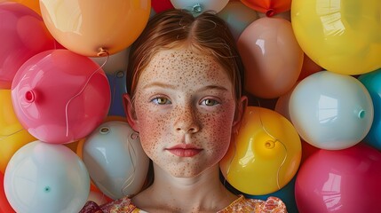 Joyful celebration of a child with colorful balloons at a birthday party, radiating happiness and vibrant smiles