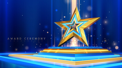 3D gold star award on display stand with sparkling decoration on blue spotlight background.