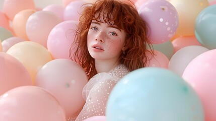 Red Haired Woman in Pastel Surrounded by Delicate Balloons in Soft Lighting