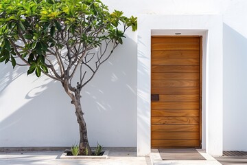 Simple design wooden front door to a residential home property