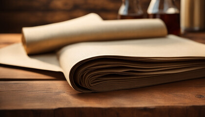 A blank, crumpled piece of parchment paper lying on a wooden surface, with a knife placed to its left. The warm lighting accentuates the textures of both the paper and wood.
