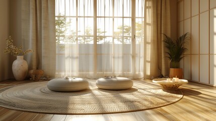 Fototapeta na wymiar 3D Japandi interior, living room simplicity, natural minimalist design, hyperrealistic, AI Generative
