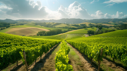 Rows of grapevines stretching across rolling hills background