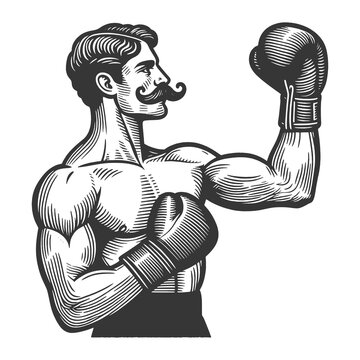 Old fashioned Vintage Boxer with Gloves gentleman man classic mustache sketch engraving generative ai fictional character raster illustration. Scratch board imitation. Black and white image.
