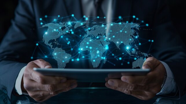 A businessman stands before a glowing online world map, fingers poised over a tablet as he oversees a global business network. This digital future of logistics and transportation , AI Generative