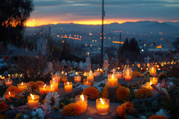 people candlelit vigil in a cemetery on the night of the Day of the Dead - obrazy, fototapety, plakaty