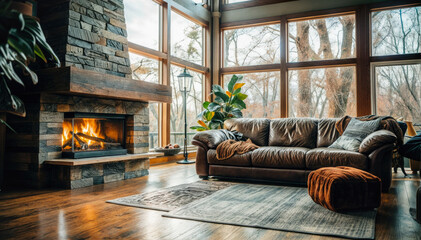 Cozy living room with fireplace and comfortable sofa. Cozy home interior - obrazy, fototapety, plakaty