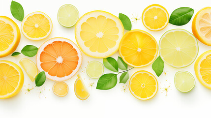 Tranches d'agrumes sur fond blanc. Agrume. Orange, citron jaune, citron vert, mandarine, pamplemousse. Fruits, acide. Pour conception et création graphique.