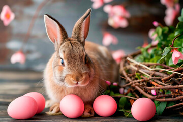 Easter bunny rabbit with pink painted eggs