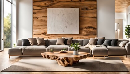Canapé de luxe et table basse dans une pièce spacieuse. Design d'intérieur minimaliste d'un salon moderne. - obrazy, fototapety, plakaty