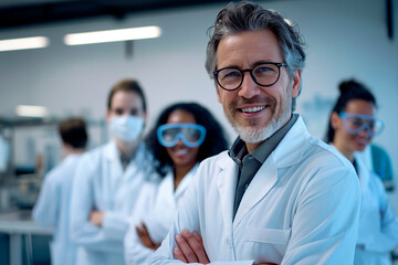 Smiling group of scientists in modern laboratory with male middle aged leader wearing white coats and protective glasses