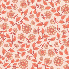 Indian-style floral seamless pattern on a textured background. Kalamkari. Hand-drawn branches.