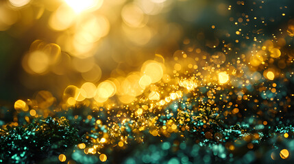 Glistening effect of light on a gold foil texture with shiny sparkles, creating a magical, golden ambiance.,Blurred Gold and Blue Lights - obrazy, fototapety, plakaty