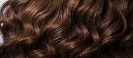Fototapeta premium A detailed view of a womans wavy brown hair, featuring medium brown synthetic hair pieces clipped in for added volume and texture. The hair appears natural and flows seamlessly in waves, showcasing