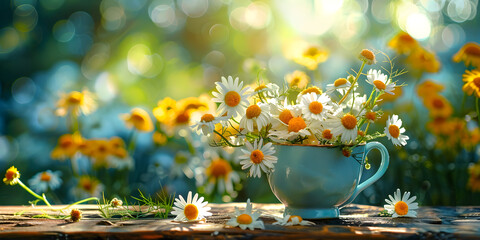 A cup of daisies on a table with the sun behind them, Bouquet of chamomile flowers in a cup on a wooden table Chamomile Flowers In Teacup On Wooden Table In Garden AI Generated

 - obrazy, fototapety, plakaty