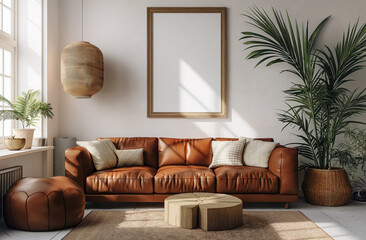 Vertical poster mockup, living room interior design of modern home decor with a blank frame on wall background. Scandinavian style in the style of brown leather sofa and wood table. home decoration