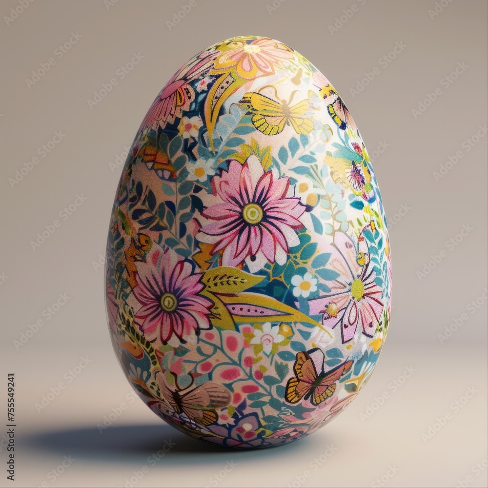 Poster design a 3d model of an easter egg with intricate patterns and vibrant colors, ai generative