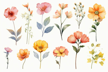 A set of flowers and plant elements on a white background.